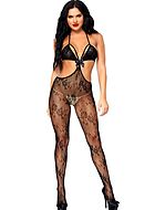Bodystocking, small fishnet, big bow, straps over bust, flowers